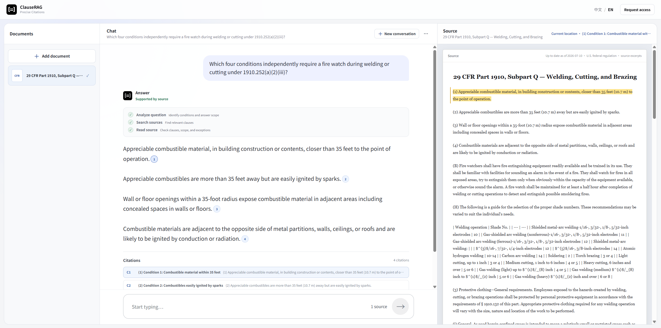 ClauseRAG demo: each citation opens the complete source clause